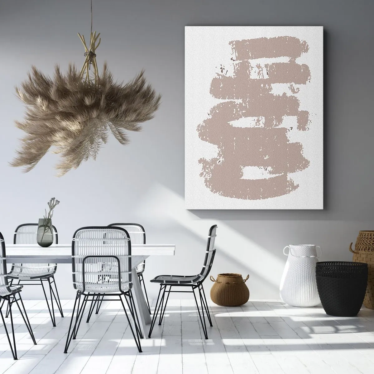Obraz na płótnie - Minimalistyczna kompozycja z beżowymi pociągnięciami pędzla na jasnym tle - 50x70cm - Abstrakcja w łagodnym różu - Nowoczesna dekoracja ścienna do salonu, kuchni i sypialni ARTTOR