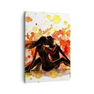Obraz na płótnie - Para zakochanych na tle abstrakcyjnych plam w odcieniach pomarańczy i żółci - 50x70cm - I stała się światłość - Nowoczesna dekoracja ścienna do salonu, kuchni i sypialni ARTTOR