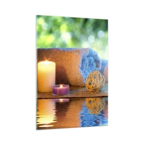 Obraz na szkle - Spa z ręcznikami, świecami i kamieniami na tle natury - 50x70cm - Czas dla ciała - Nowoczesna dekoracja ścienna do salonu, kuchni i sypialni ARTTOR