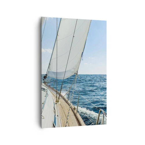 Obraz na płótnie - Żaglówka na spokojnym morzu pod błękitnym niebem - 80x120cm - Ahoj, przygodo - Nowoczesna dekoracja ścienna do salonu i sypialni ARTTOR