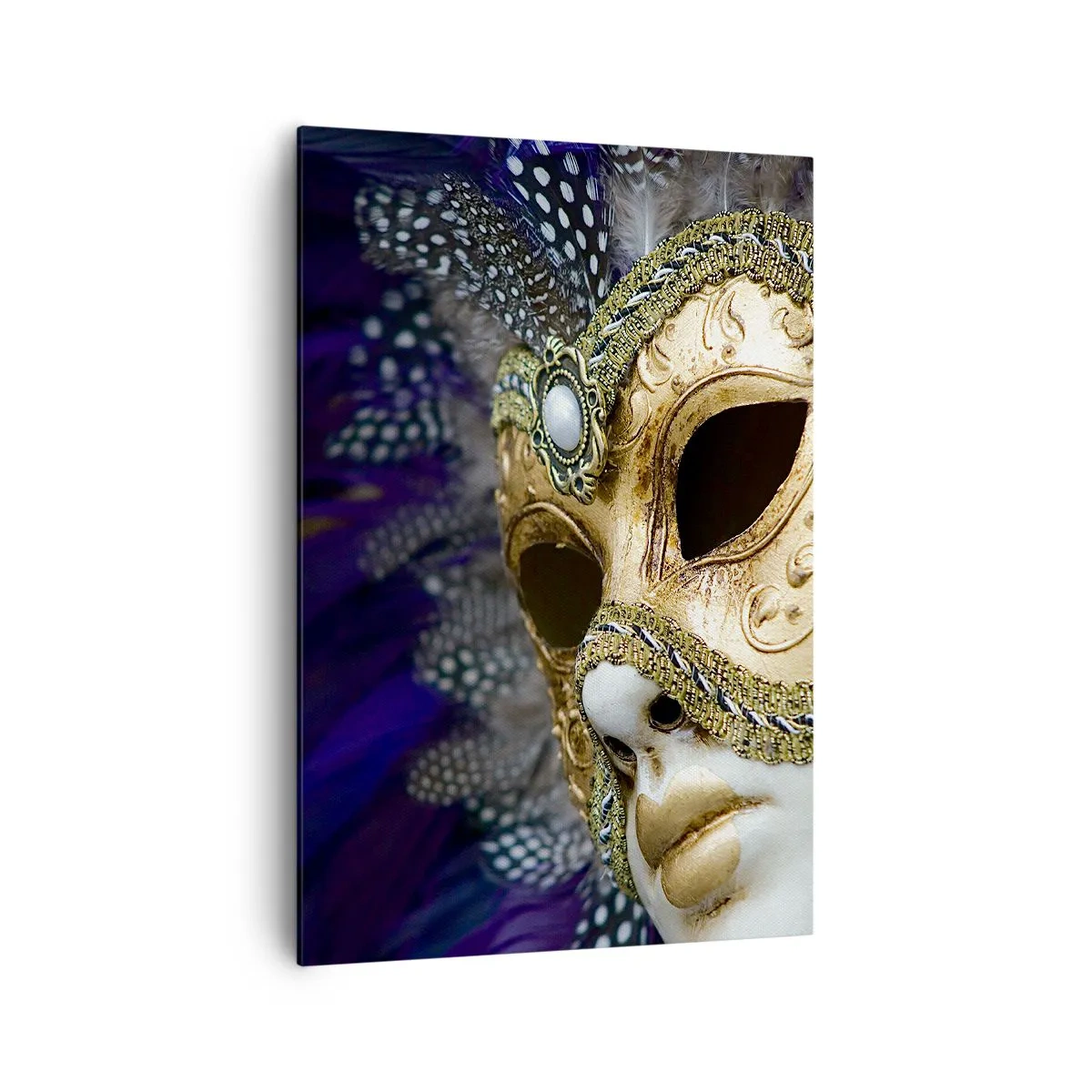 Obraz na płótnie - Złota maska wenecka z ozdobnymi piórami i ornamentami - 70x100cm - Portret wenecki w złocie - Nowoczesna dekoracja ścienna do salonu i sypialni ARTTOR