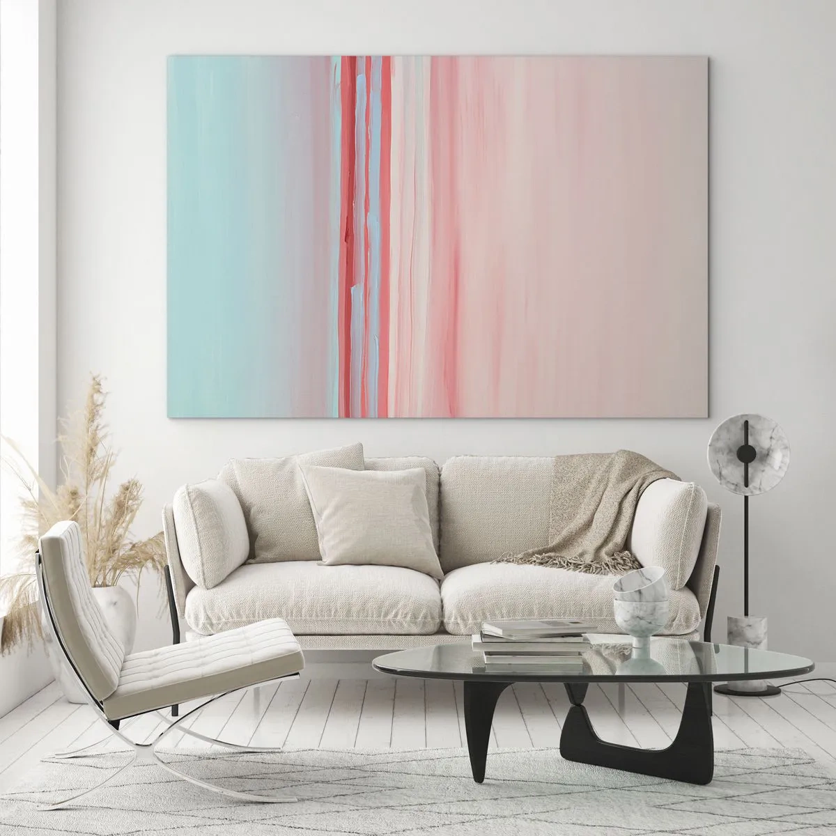 Obraz na szkle - Pionowe pasy w pastelowych odcieniach różu i błękitu - 70x50cm - Abstrakcja o świcie - Nowoczesna dekoracja ścienna do salonu i sypialni ARTTOR