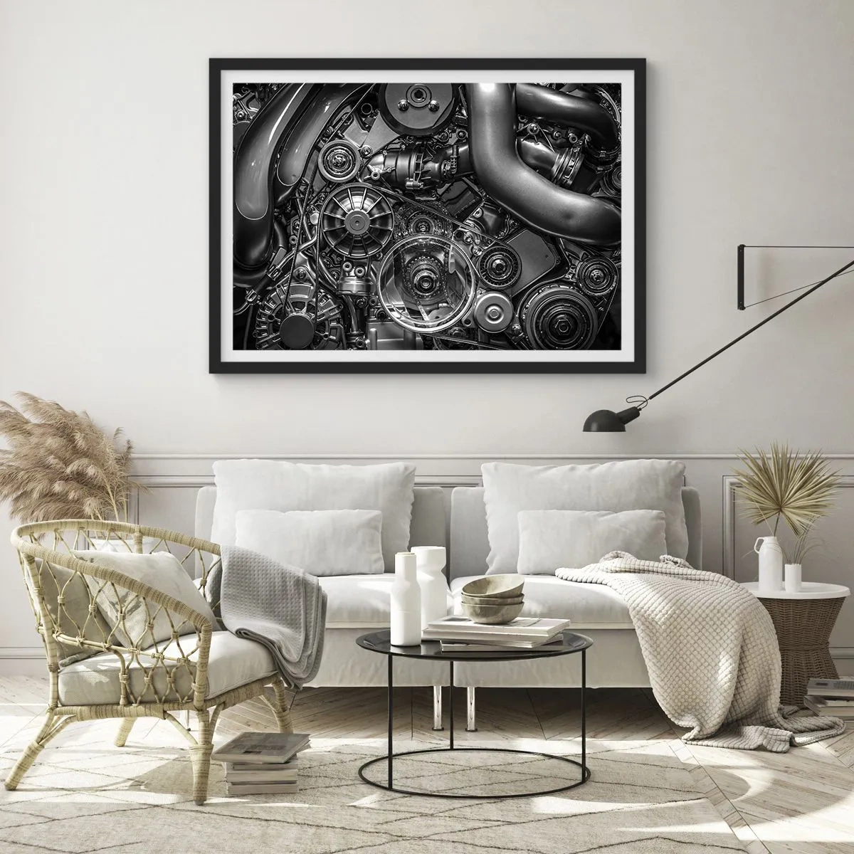 Plakat w czarnej ramie - Czarno-białe zbliżenie na mechaniczne detale silnika samochodu - 70x50cm - Poezja mechaniki - Nowoczesna dekoracja ścienna do salonu i sypialni ARTTOR