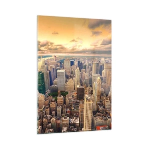 Obraz na szkle - Panorama miasta z wieżowcami o zachodzie słońca - 50x70cm - Wyzłocone metropolis - Nowoczesna dekoracja ścienna do salonu, kuchni i sypialni ARTTOR