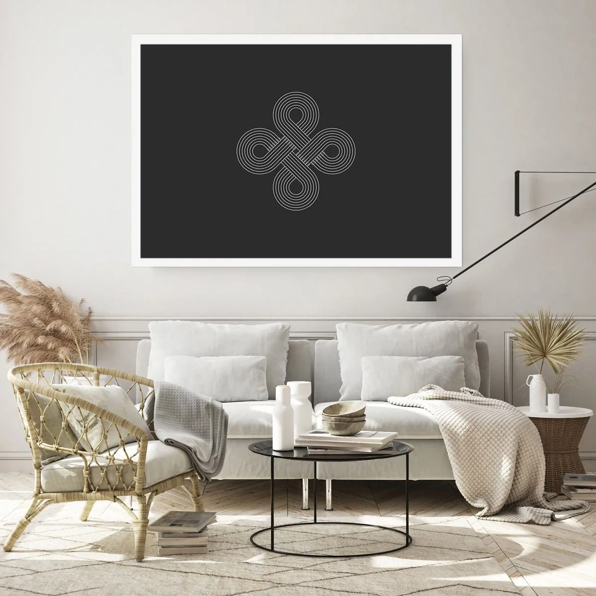 Plakat - Celtycki wzór w minimalistycznym stylu na czarnym tle - 100x70cm - W duchu celtyckim - Nowoczesna dekoracja ścienna do salonu i sypialni ARTTOR