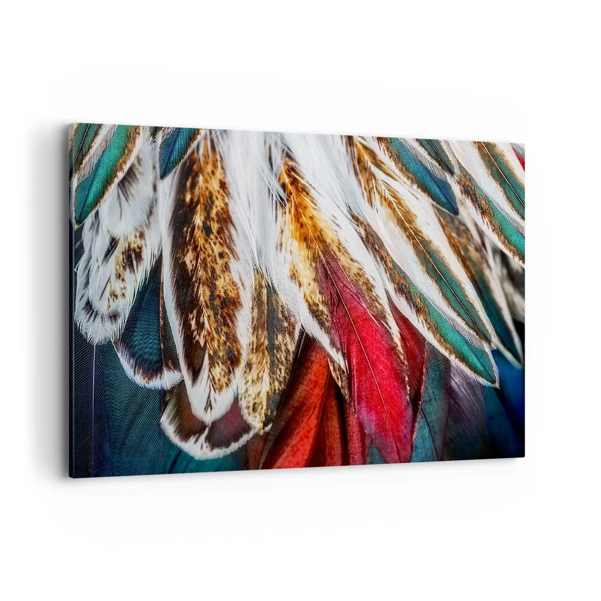 Obraz na płótnie - Zbliżenie na wielokolorowe pióra w żywych, intensywnych barwach - 120x80cm - Tajemnice lotu - Nowoczesna dekoracja ścienna do salonu, kuchni i sypialni ARTTOR