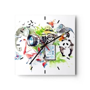 Zegar ścienny - Kolorowa grafika z motywem przyrody i safari - 30x30cm - W obiektywie podróżnika - Nowoczesna dekoracja ścienna do salonu i sypialni ARTTOR
