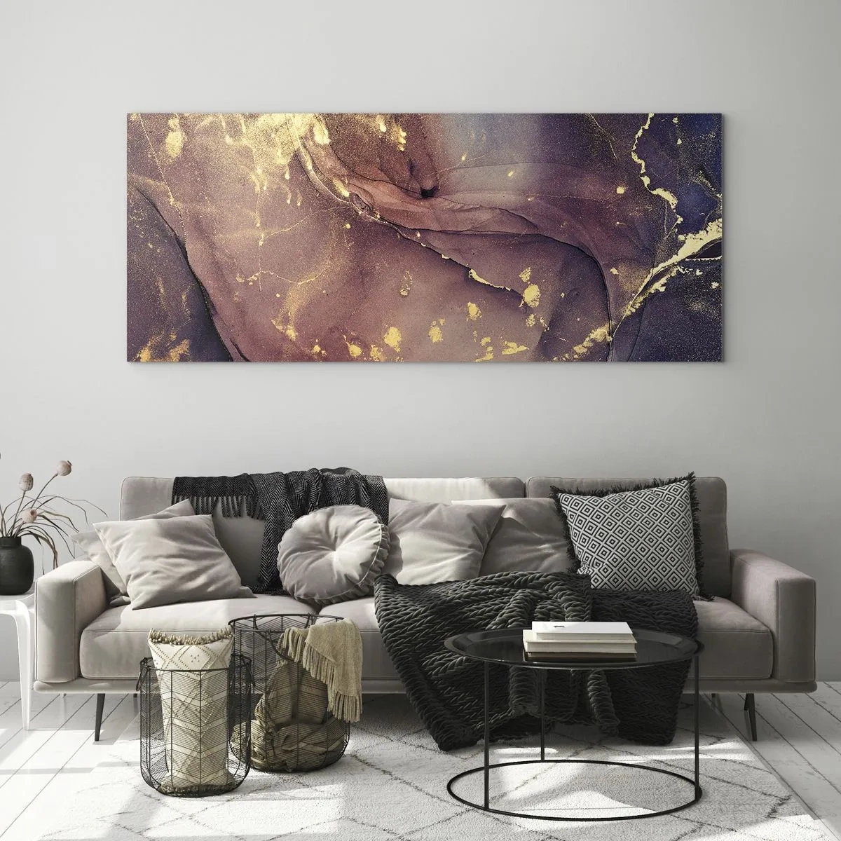 Obraz na szkle - Abstrakcyjna kompozycja z odcieniami złota i fioletu - 120x50cm - Materia i duch - Nowoczesna dekoracja ścienna do salonu i sypialni ARTTOR