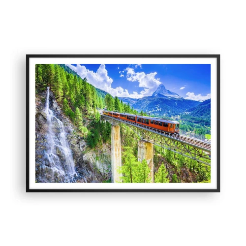 Plakat w czarnej ramie - Górska kolejka na moście z widokiem na wodospad i góry - 100x70cm - Kolej na Alpy - Nowoczesna dekoracja ścienna do salonu i sypialni ARTTOR