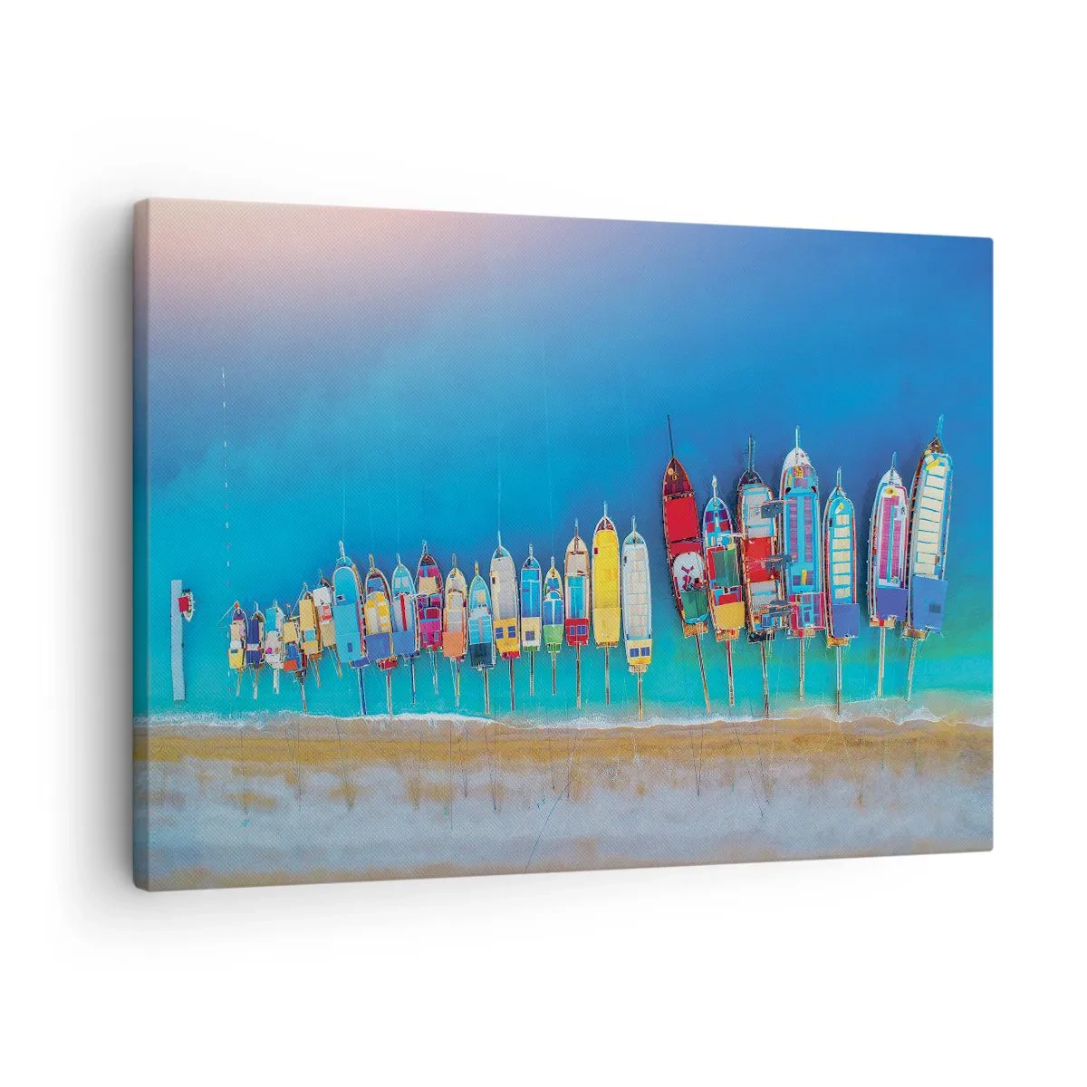 Obraz na płótnie - Kolorowe łodzie ustawione w rząd nad brzegiem - 70x50cm - Z lotu ptaka - Nowoczesna dekoracja ścienna do salonu i sypialni ARTTOR