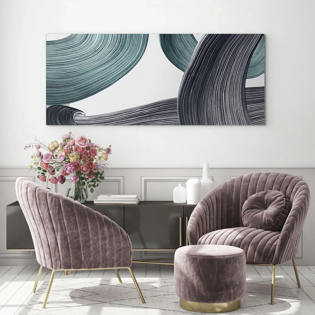 Obraz na szkle - Płynne abstrakcyjne linie w odcieniach zieleni i szarości - 160x50cm - Szmaragdowe i czarne szlaki - Nowoczesna dekoracja ścienna do salonu i sypialni ARTTOR