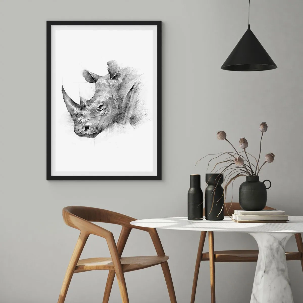 Plakat w czarnej ramie - Graficzny rysunek nosorożca w czarno-białej tonacji - 50x70cm - Afrykański portret - Nowoczesna dekoracja ścienna do salonu i sypialni ARTTOR