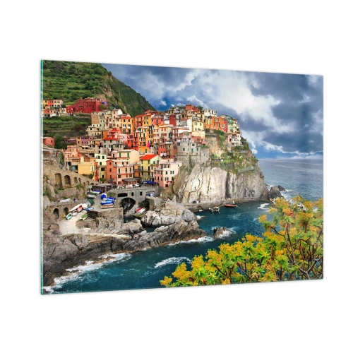 Obraz na szkle - Kolorowe miasteczko na klifie nad morzem - 100x70cm - Gromadka przytulona do skał - Nowoczesna dekoracja ścienna do salonu, kuchni i sypialni ARTTOR