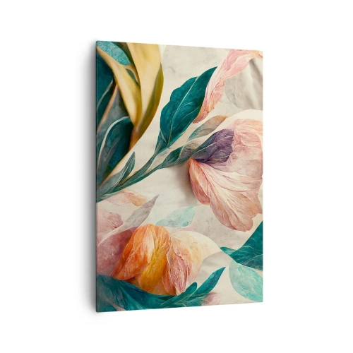 Obraz na płótnie - Kolorowe kwiaty w tropikalnym stylu na jasnym tle - 70x100cm - Kwiaty wysp południowych - Nowoczesna dekoracja ścienna do salonu i sypialni ARTTOR