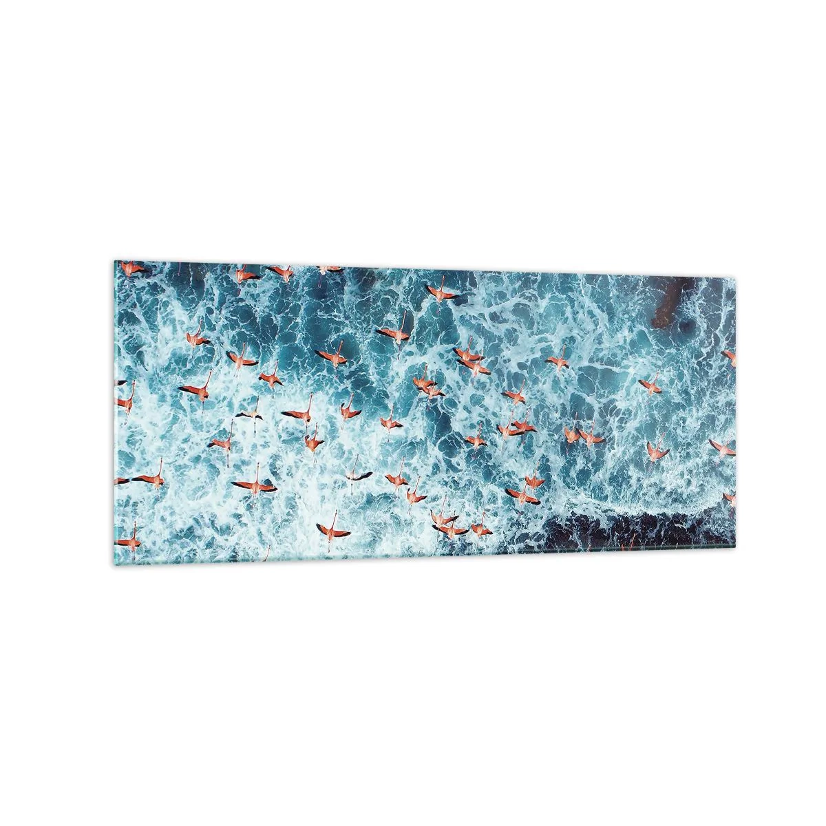 Obraz na szkle - Różowe flamingi nad błękitnym oceanem z lotu ptaka - 120x50cm - Nadmorska parada - Nowoczesna dekoracja ścienna do salonu i sypialni ARTTOR