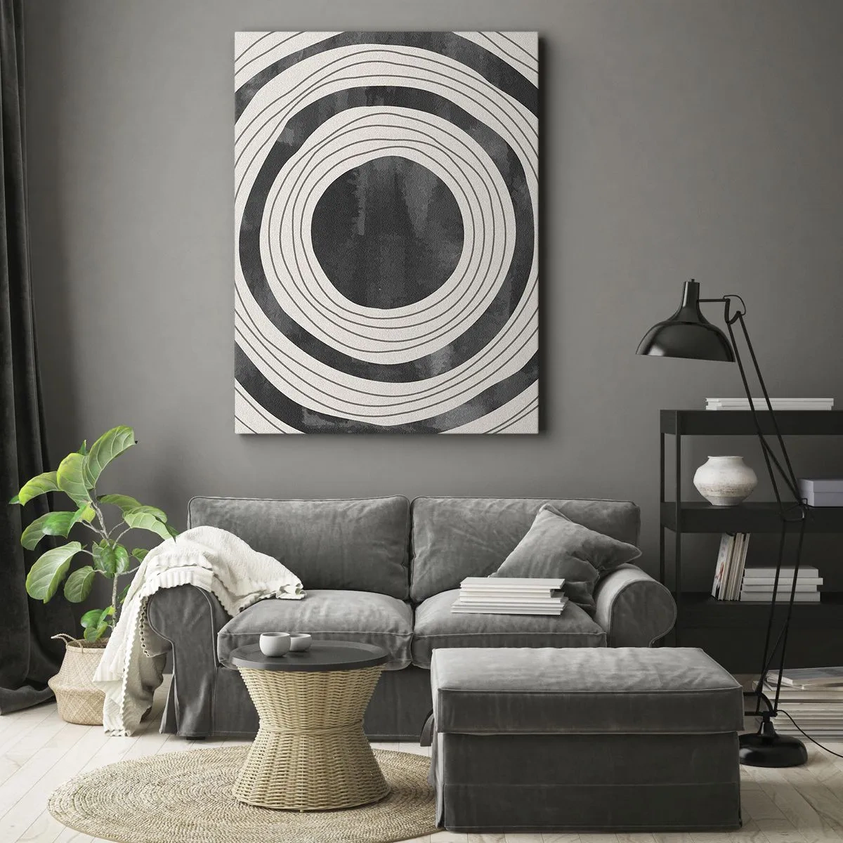 Obraz na płótnie - Czarno-białe koncentryczne okręgi na jasnym tle - 80x120cm - W samo sedno - Nowoczesna dekoracja ścienna do salonu i sypialni ARTTOR