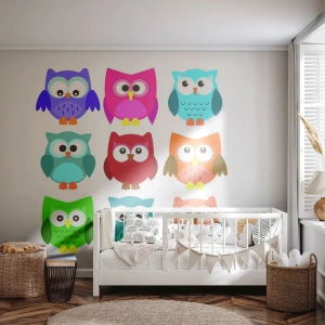Fototapeta Standard Eco - Kolorowe sowy na białym tle w bajkowym stylu - 100x70cm - Różnić można się zabawnie - Nowoczesna dekoracja ścienna do salonu i sypialni ARTTOR