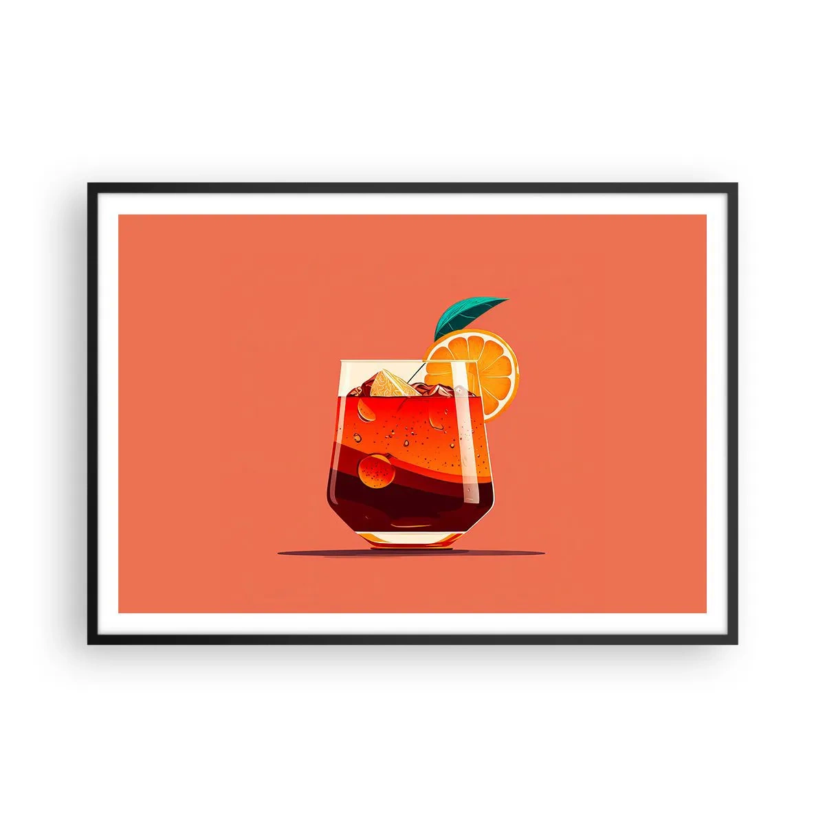 Plakat w czarnej ramie - Szklanka z napojem i plasterkiem pomarańczy na pomarańczowym tle - 100x70cm - Letnie orzeźwienie - Nowoczesna dekoracja ścienna do salonu i sypialni ARTTOR