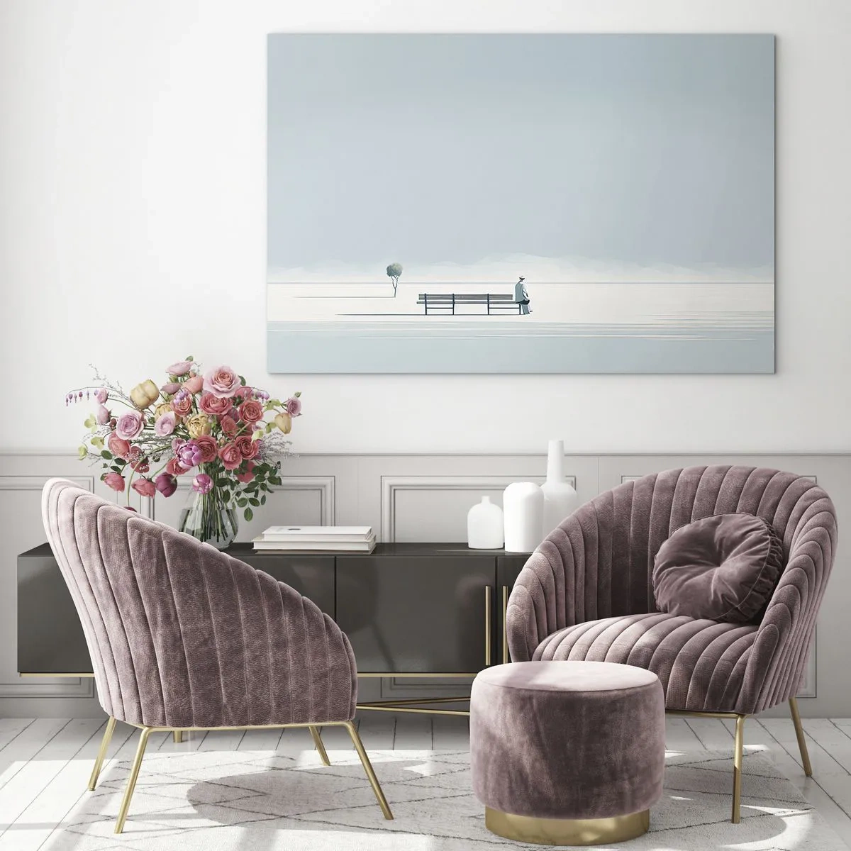 Obraz na szkle - Postać przy ławce w minimalistycznym krajobrazie - 120x80cm - Tak, czekam. - Nowoczesna dekoracja ścienna do salonu, kuchni i sypialni ARTTOR