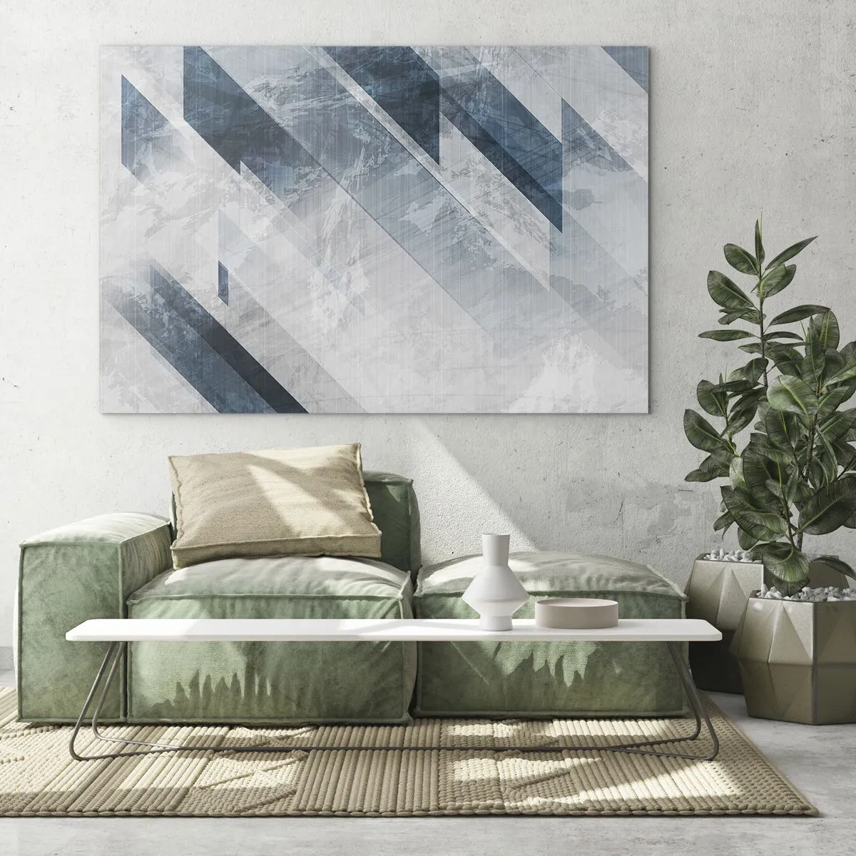 Obraz na szkle - Geometryczne pasy w odcieniach szarości i granatu - 70x50cm - Kompozycja przestrzenna – ruch szarości - Nowoczesna dekoracja ścienna do salonu i sypialni ARTTOR
