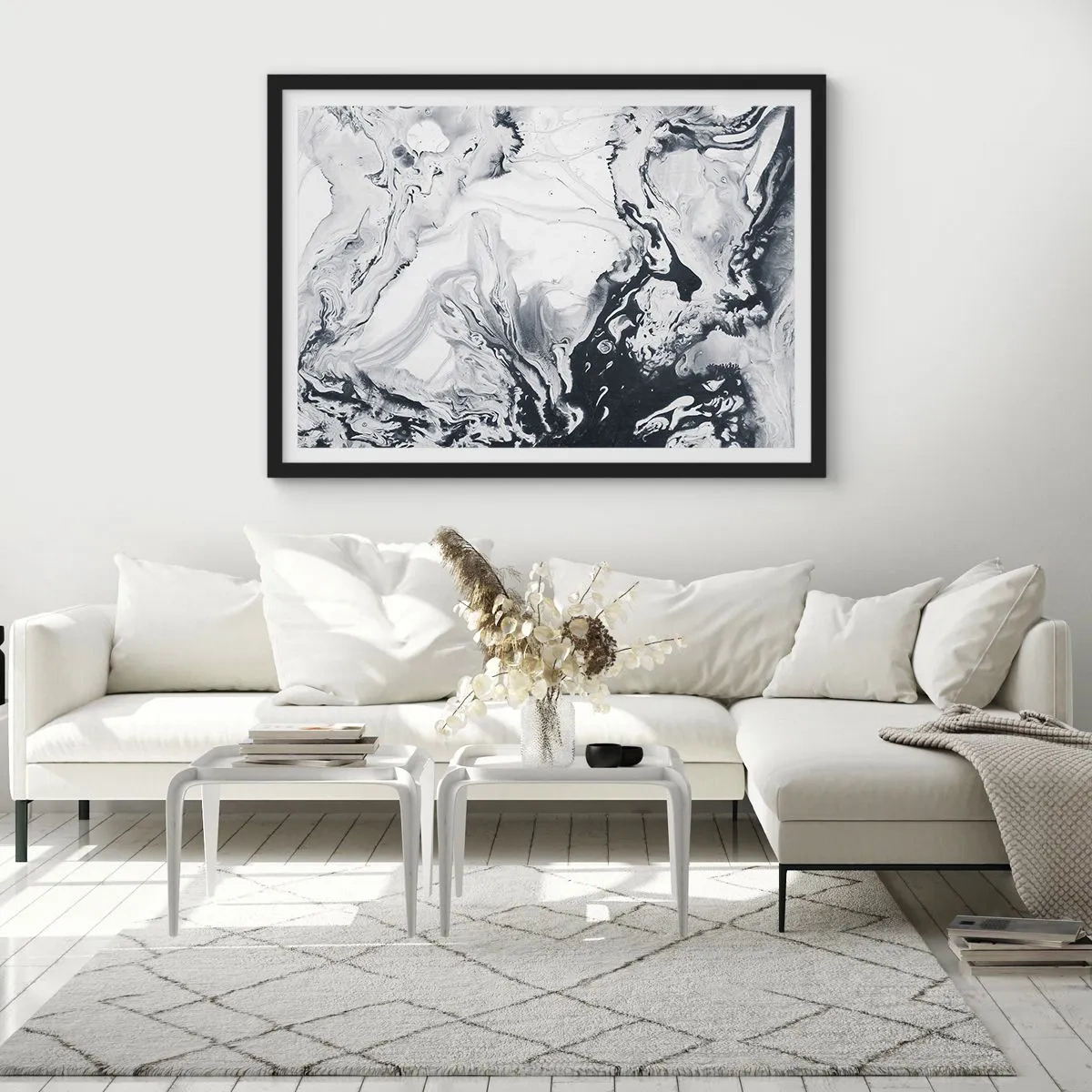 Plakat w czarnej ramie - Monochromatyczny abstrakcyjny wzór z efektem marmuru - 70x50cm - Wnętrze Ziemi - Nowoczesna dekoracja ścienna do salonu i sypialni ARTTOR