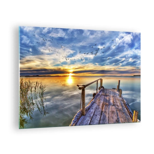 Obraz na szkle - Pomost nad jeziorem o zachodzie słońca z ptakami na niebie - 70x50cm - Wiatr idzie na spoczynek - Nowoczesna dekoracja ścienna do salonu i sypialni ARTTOR