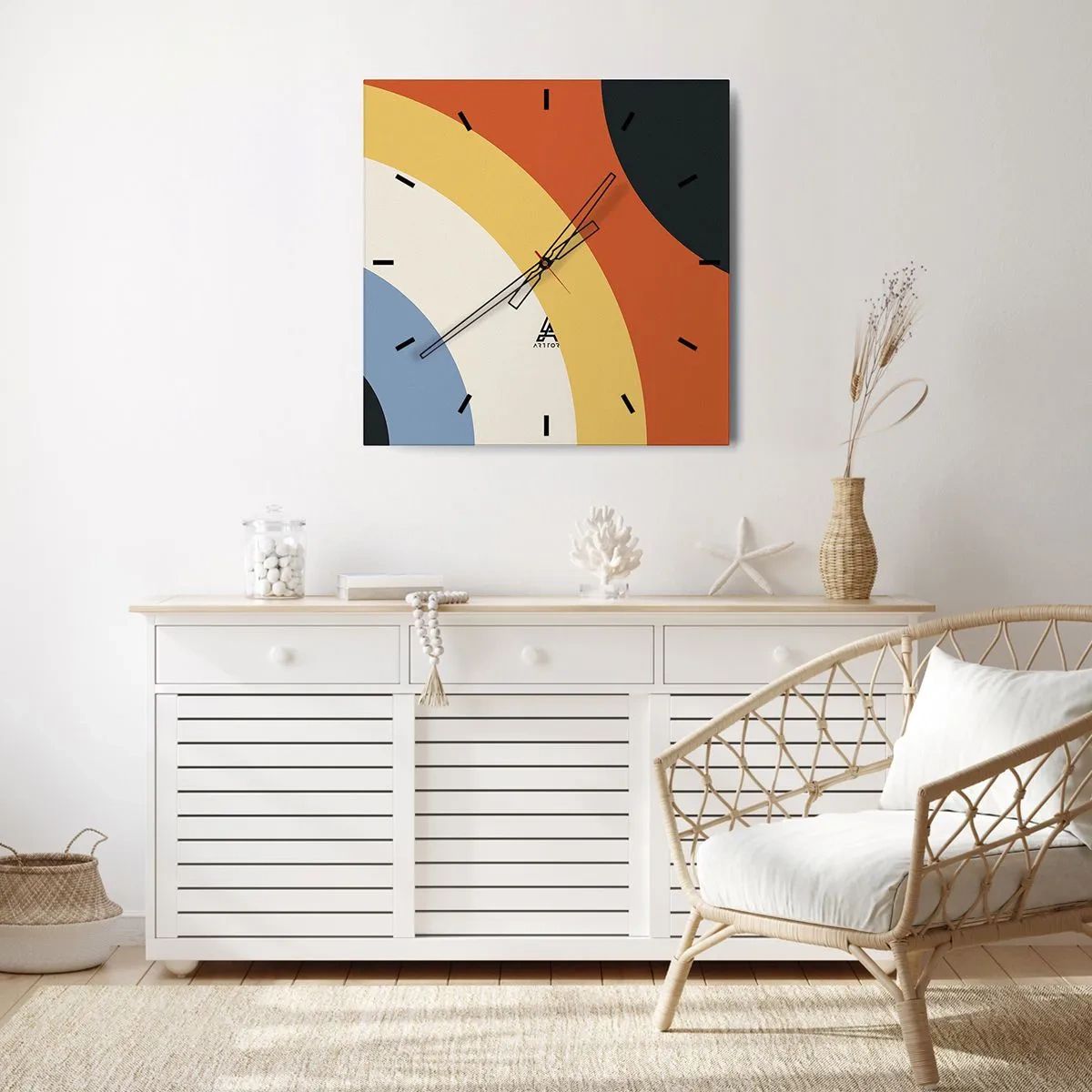 Zegar ścienny - Abstrakcyjna grafika z kolorowymi łukami i kontrastowymi kołami - 30x30cm - Ku sobie - Nowoczesna dekoracja ścienna do salonu i sypialni ARTTOR