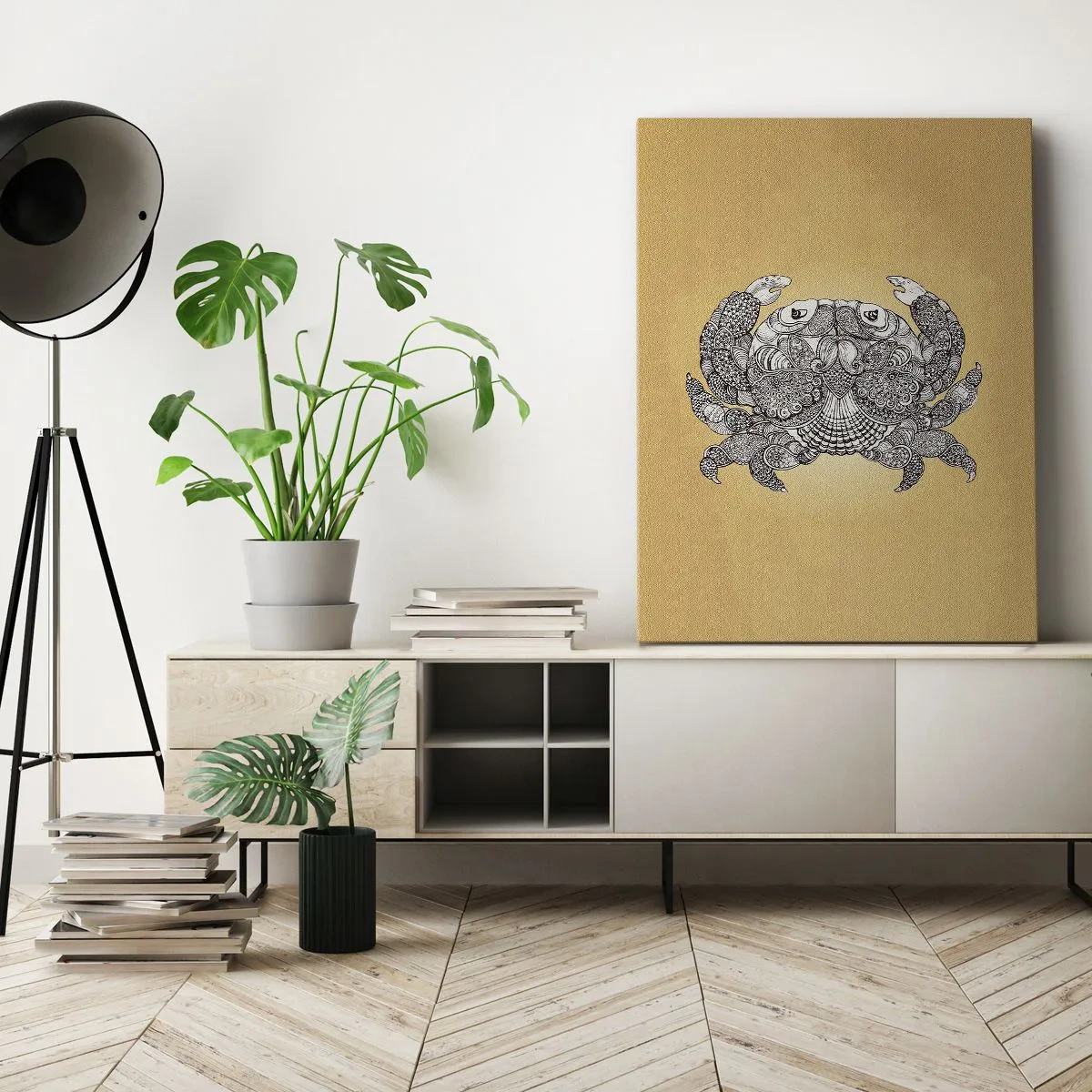 Obraz na płótnie - Dekoracyjny rysunek kraba na złotym tle - 70x100cm - Opowieści Pana Kraba - Nowoczesna dekoracja ścienna do salonu i sypialni ARTTOR