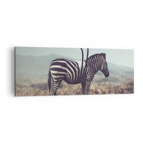 Obraz na płótnie - Surrealistyczna zebra na tle trawiastego krajobrazu - 140x50cm - Uwaga! Usterka - Nowoczesna dekoracja ścienna do salonu i sypialni ARTTOR