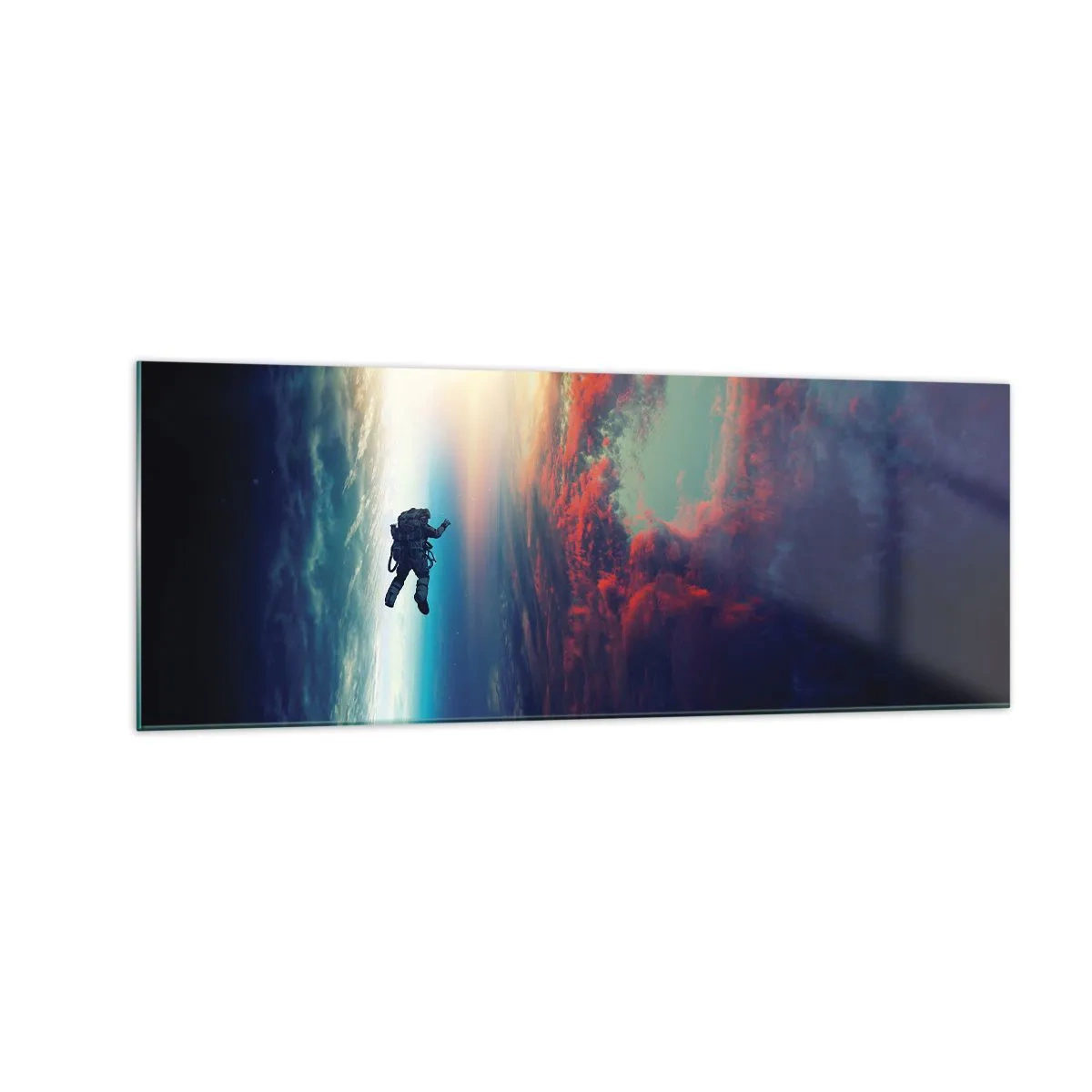 Obraz na szkle - Astronauta unoszący się w kosmosie nad kolorową Ziemią - 140x50cm - Mierzyć się ze wszechświatem - Nowoczesna dekoracja ścienna do salonu i sypialni ARTTOR