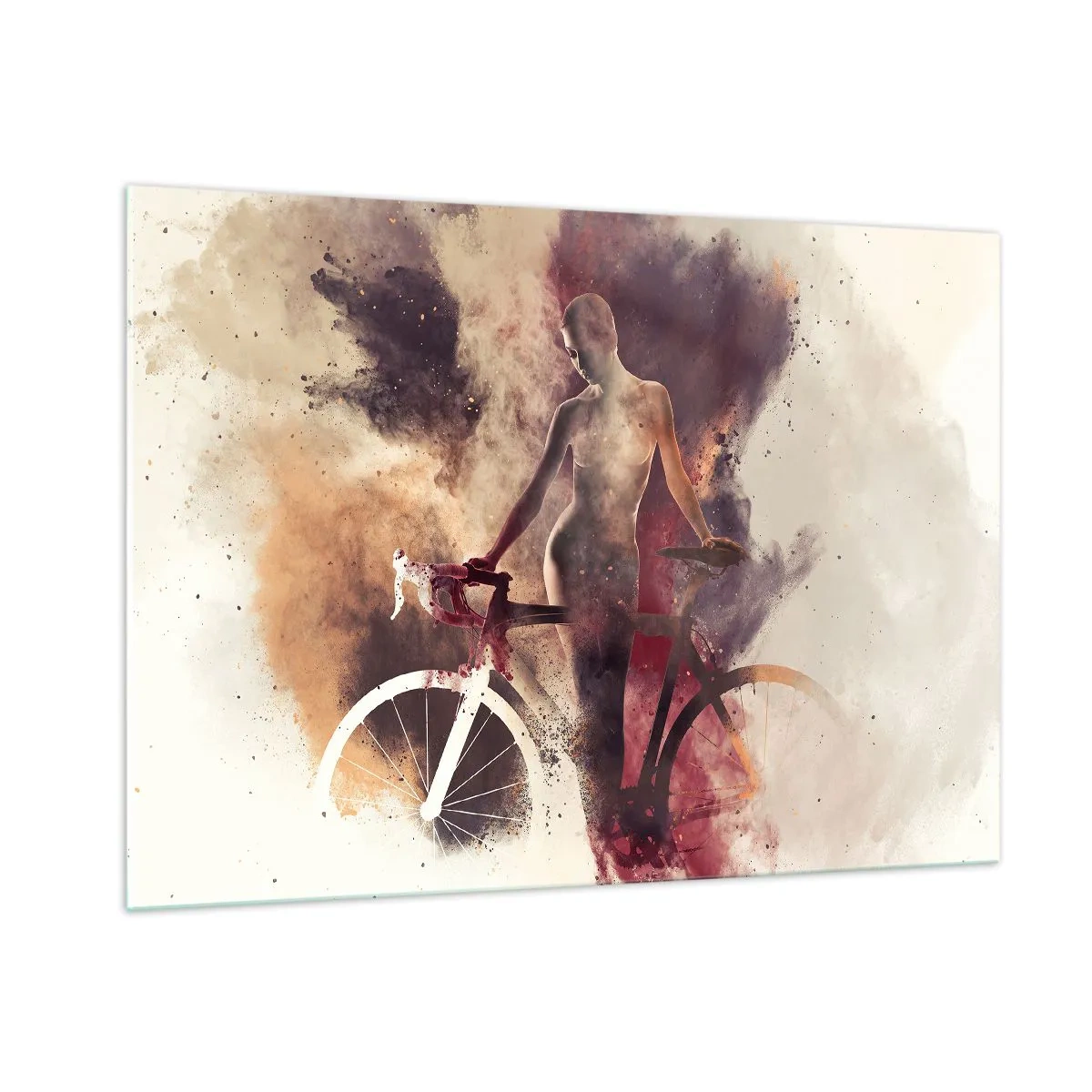 Obraz na szkle - Sylwetka z rowerem w artystycznej chmurze kolorów - 100x70cm - W marmurowych kształtach rowerowa dusza - Nowoczesna dekoracja ścienna do salonu, kuchni i sypialni ARTTOR