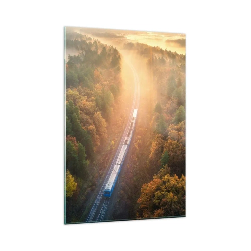 Obraz na szkle - Pociąg w jesiennym lesie o świcie - 80x120cm - Jesienna podróż - Nowoczesna dekoracja ścienna do salonu i sypialni ARTTOR