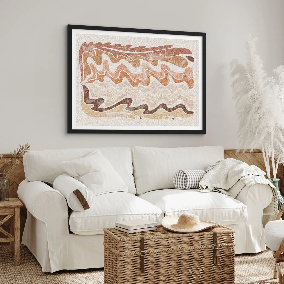 Plakat w czarnej ramie - Falujące abstrakcyjne linie w beżowych odcieniach - 70x50cm - Dobra energia – dobre emocje - Nowoczesna dekoracja ścienna do salonu i sypialni ARTTOR