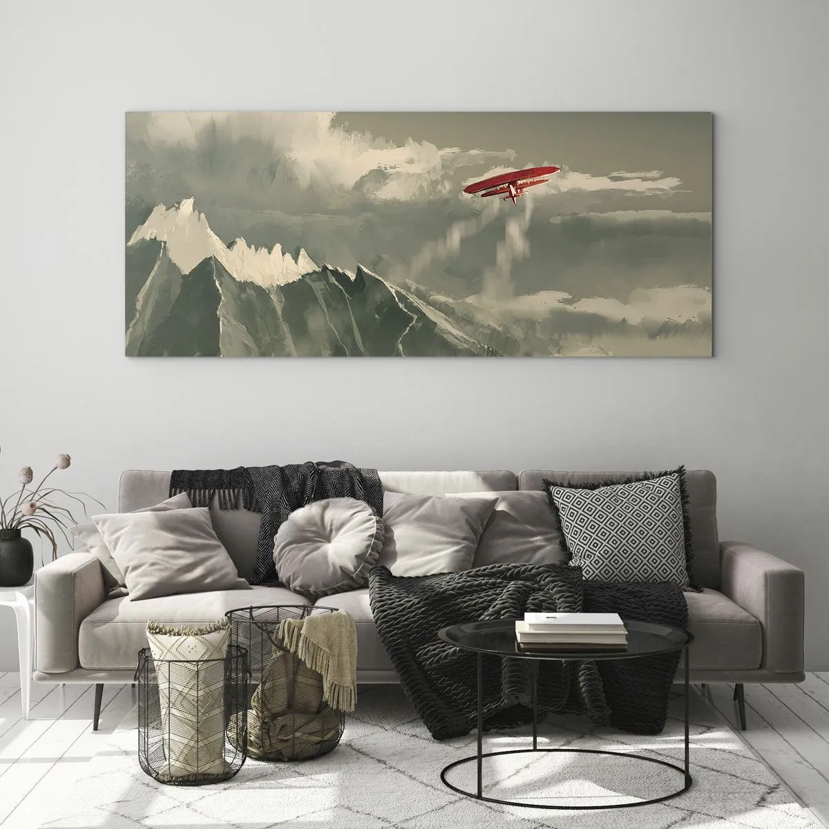 Obraz na szkle - Czerwony samolot nad ośnieżonymi górami - 120x50cm - Nieustraszony pionier - Nowoczesna dekoracja ścienna do salonu i sypialni ARTTOR