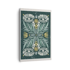 Obraz na płótnie - Symetryczny wzór roślinny na zielonym tle - 80x120cm - Jak ludowa wycinanka - Nowoczesna dekoracja ścienna do salonu i sypialni ARTTOR