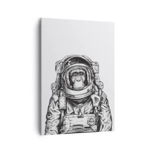 Obraz na płótnie - Czarno-biały rysunek małpy w skafandrze astronauty na białym tle - 50x70cm - Alternatywna ewolucja - Nowoczesna dekoracja ścienna do salonu, kuchni i sypialni ARTTOR
