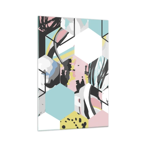Obraz na szkle - Geometryczny wzór heksagonów z kolorowymi abstrakcyjnymi detalami - 70x100cm - Sześciokąty i sześciany w sześciu barwach - Nowoczesna dekoracja ścienna do salonu i sypialni ARTTOR