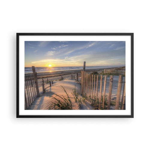 Plakat w czarnej ramie - Plaża o zachodzie słońca z drewnianym ogrodzeniem - 70x50cm - Blask i cień wiatru - Nowoczesna dekoracja ścienna do salonu i sypialni ARTTOR