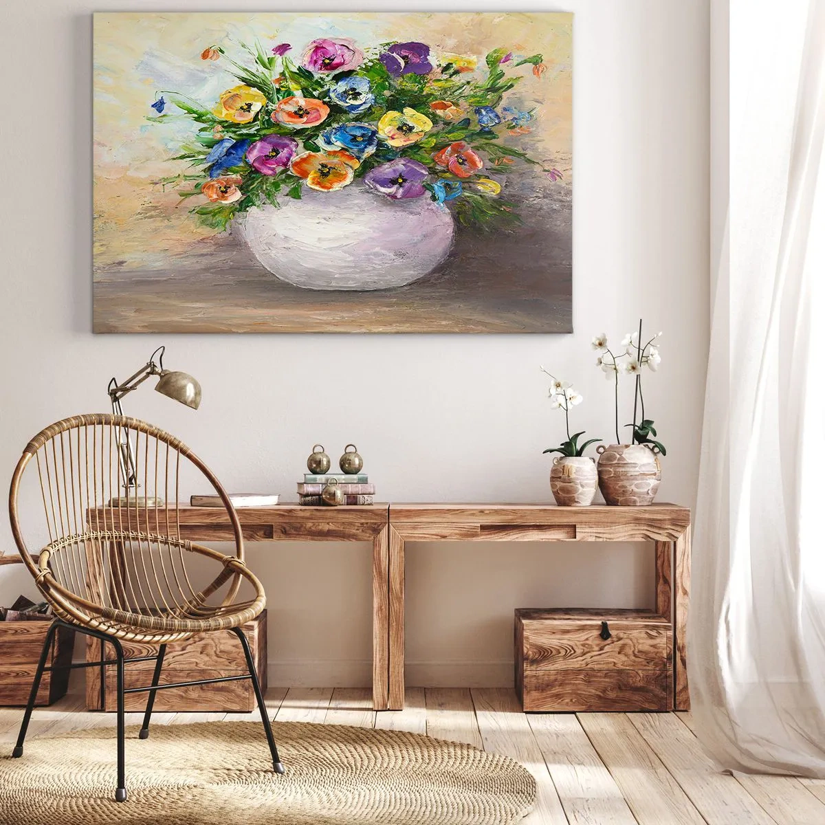 Obraz na płótnie - Kolorowy bukiet kwiatów w białym wazonie - 70x50cm - Martwa natura z białym wazonem - Nowoczesna dekoracja ścienna do salonu i sypialni ARTTOR