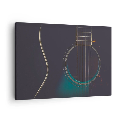 Obraz na płótnie - Akustyczna gitara w ciemnym, eleganckim świetle - 70x50cm - Chwila zanim zabrzmi - Nowoczesna dekoracja ścienna do salonu i sypialni ARTTOR