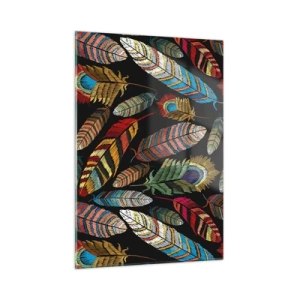 Obraz na szkle - Kolorowe pióra na ciemnym tle w artystycznym wzorze - 50x70cm - Ptasi karnawał - Nowoczesna dekoracja ścienna do salonu, kuchni i sypialni ARTTOR