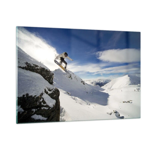 Obraz na szkle - Snowboardzista skaczący z klifu w górach zimą - 120x80cm - Wolność bez granic - Nowoczesna dekoracja ścienna do salonu, kuchni i sypialni ARTTOR