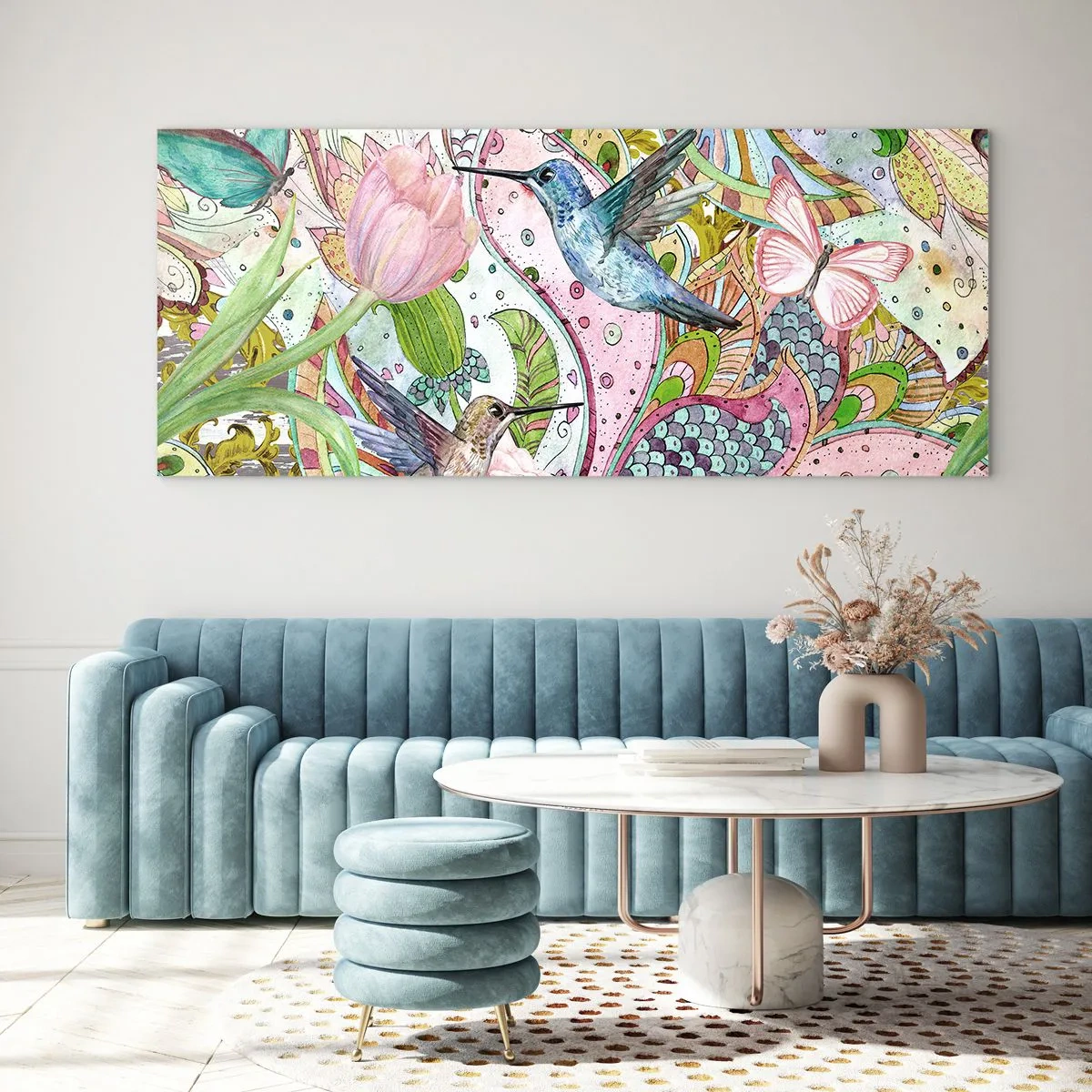 Obraz na szkle - Kolorowe kolibry i motyle wśród roślin - 140x50cm - Wplątane w pnączach - Nowoczesna dekoracja ścienna do salonu i sypialni ARTTOR