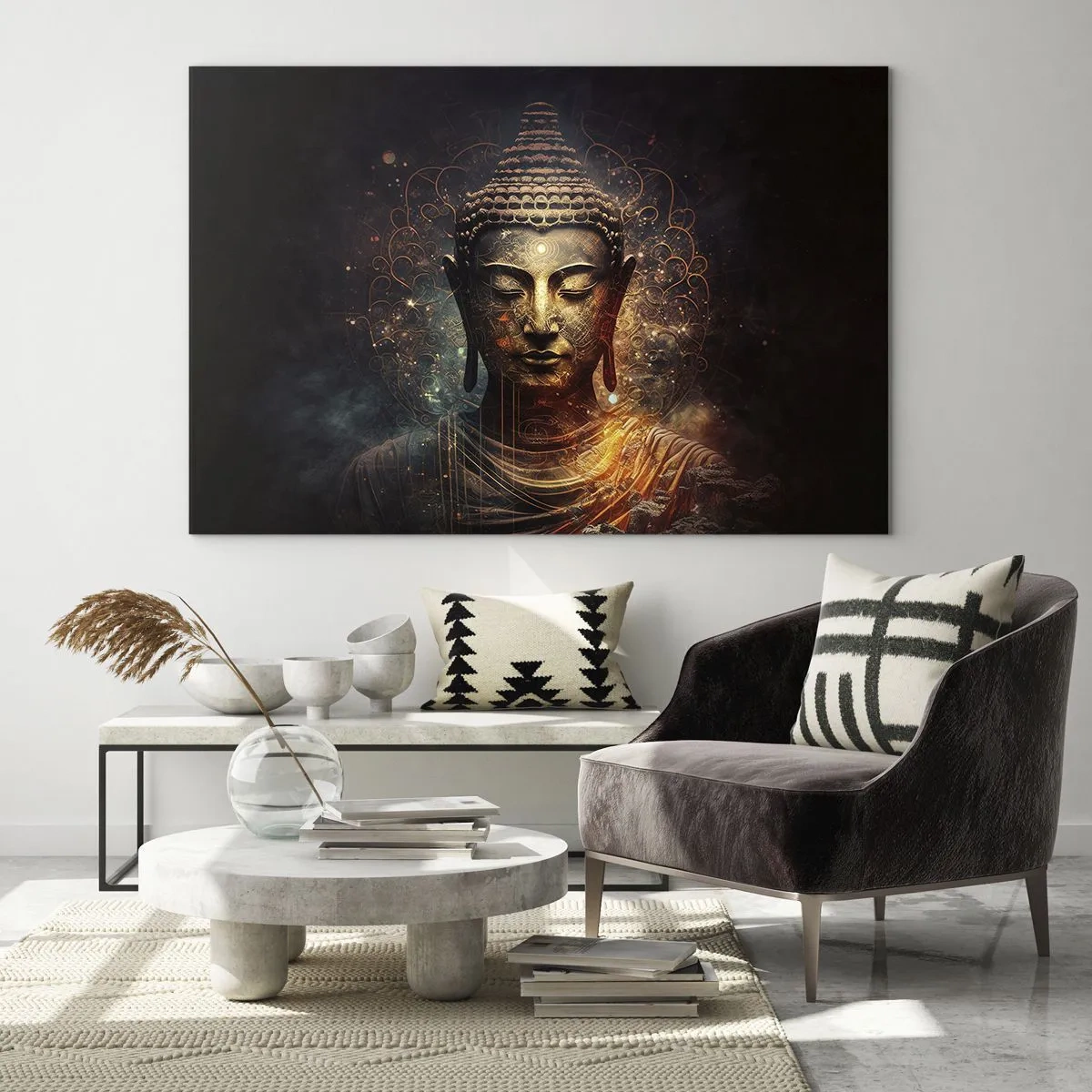 Obraz na szkle - Złota postać Buddy na ciemnym tle z ornamentami - 70x50cm - Duchowa równowaga - Nowoczesna dekoracja ścienna do salonu i sypialni ARTTOR