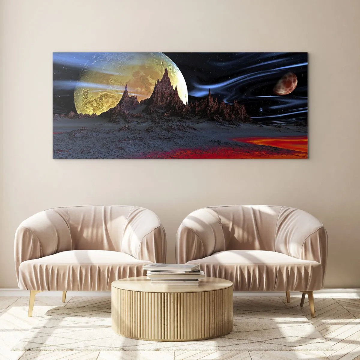 Obraz na szkle - Fantastyczny krajobraz z planetami i wulkaniczną scenerią - 160x50cm - Nieznany świat - Nowoczesna dekoracja ścienna do salonu i sypialni ARTTOR