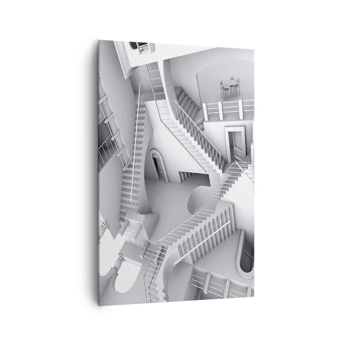 Obraz na płótnie - Abstrakcyjna kompozycja schodów w surrealistycznym układzie przestrzeni - 80x120cm - Paradoksy przestrzeni - Nowoczesna dekoracja ścienna do salonu i sypialni ARTTOR