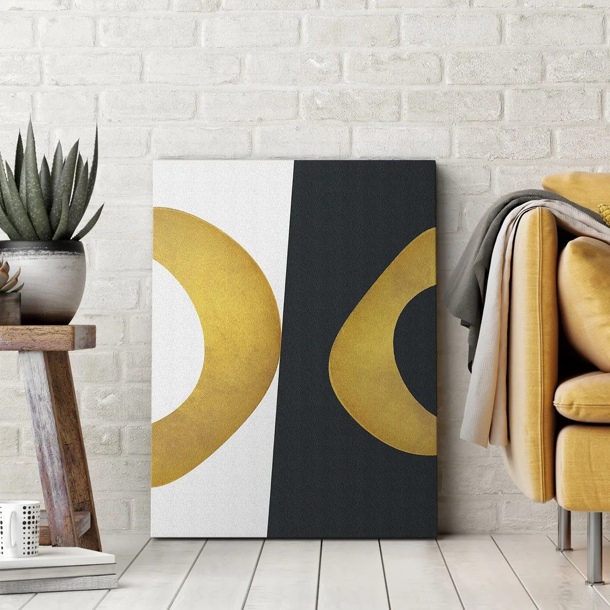 Obraz na płótnie - Geometryczne kształty w złocie na białym i ciemnym tle - 80x120cm - Po pierwsze: złoto - Nowoczesna dekoracja ścienna do salonu i sypialni ARTTOR