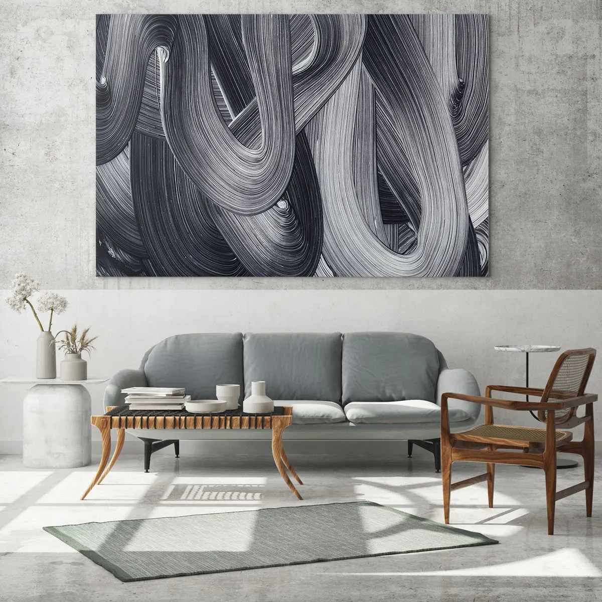 Obraz na szkle - Czarno-biała abstrakcja z dynamicznymi pociągnięciami pędzla - 120x50cm - Płynność rzeczywistości - Nowoczesna dekoracja ścienna do salonu i sypialni ARTTOR