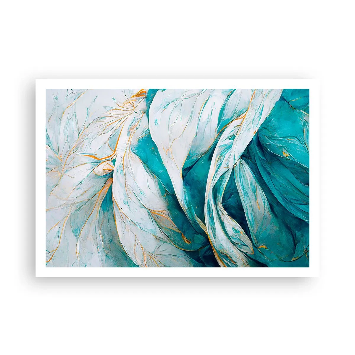 Plakat - Abstrakcyjne błękitne liście ze złotymi detalami - 100x70cm - Błękitna abstrakcja z motywem złota - Nowoczesna dekoracja ścienna do salonu i sypialni ARTTOR