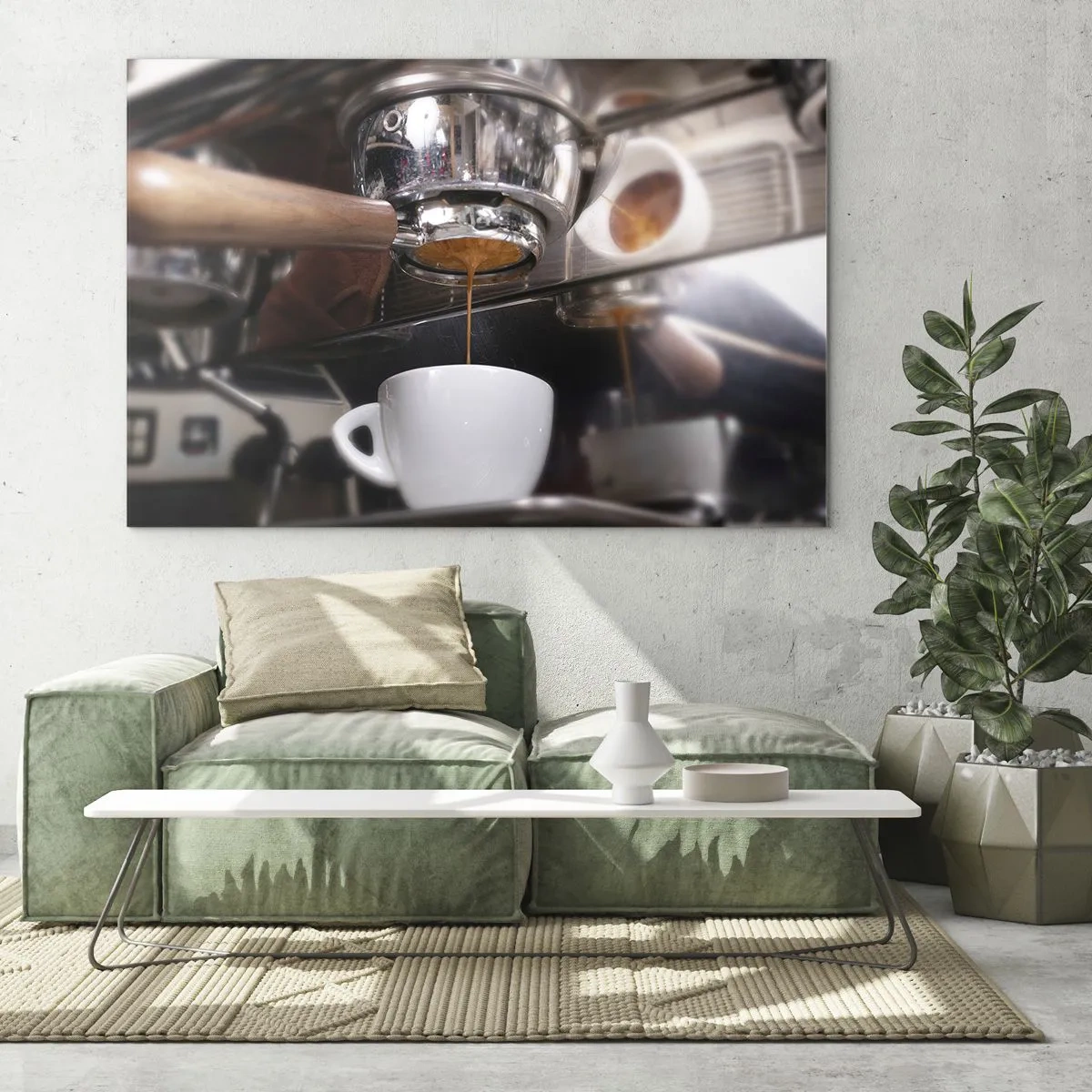 Obraz na szkle - Zbliżenie na filiżankę z kawą nalewaną z ekspresu ciśnieniowego - 70x50cm - Dobra chwila dnia - Nowoczesna dekoracja ścienna do salonu i sypialni ARTTOR